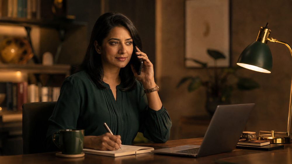 A course advisor taking notes during a phone call at a desk